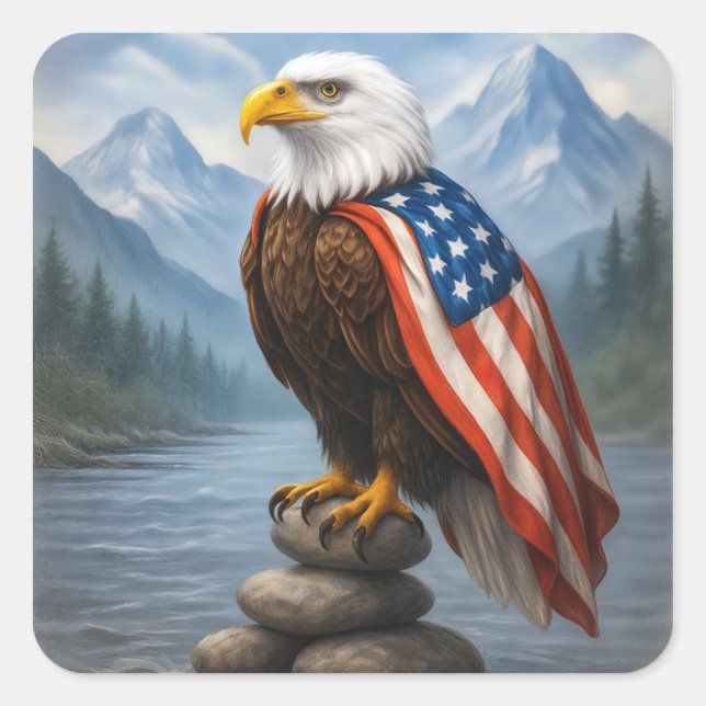 Bald Eagle trägt ein amerikanisches Flaggenkap Quadratischer Aufkleber (Vorderseite)
