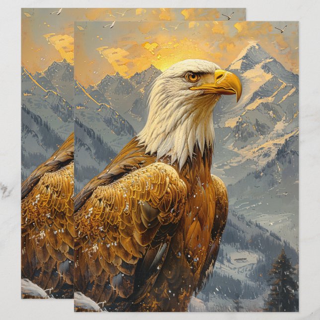 Bald Eagle Watercolor Mountains Scrapbook Paper (Vorne/Hinten)