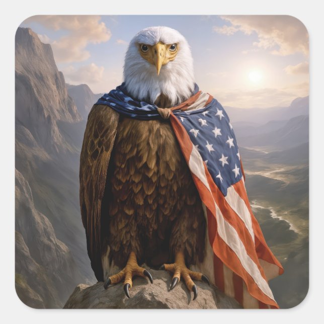Bald Eagle Wearing an American Flag Cape Quadratischer Aufkleber (Vorderseite)
