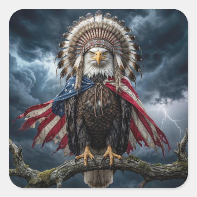 Bald Eagle With American Flag Cape and Headdress Quadratischer Aufkleber (Vorderseite)