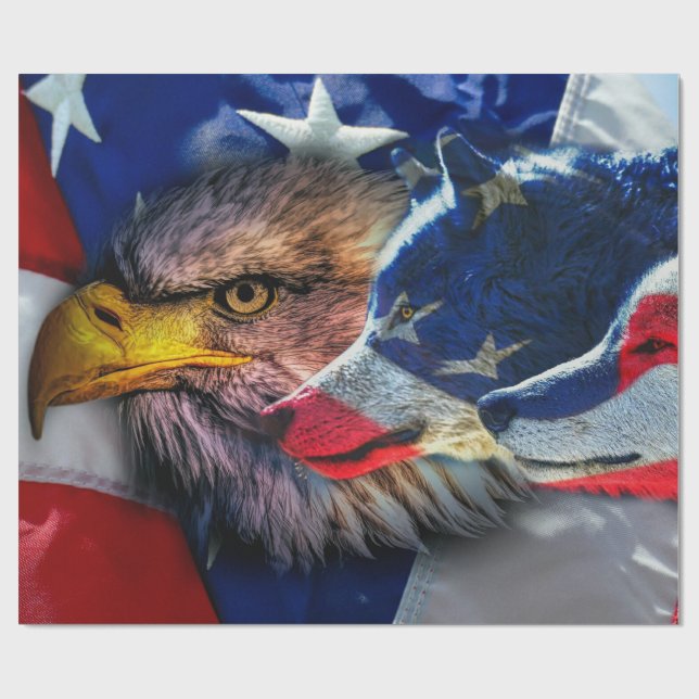 Bald Eagle Wolf American Flag Geschenkpapier (Flach)