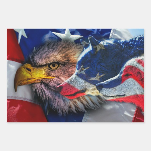 Bald Eagle Wolf American Flag Geschenkpapier Set (Vorderseite)