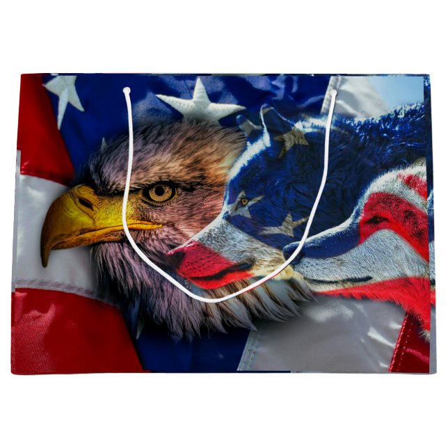 Bald Eagle Wolf American Flag Große Geschenktüte (Vorderseite)