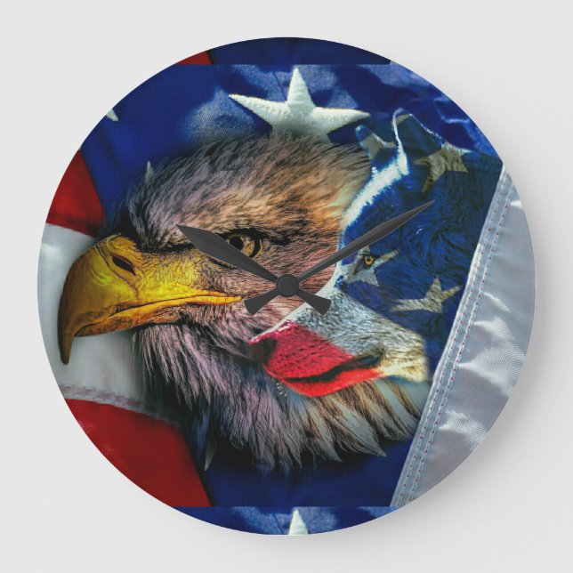 Bald Eagle Wolf American Flag Große Wanduhr (Vorderseite)