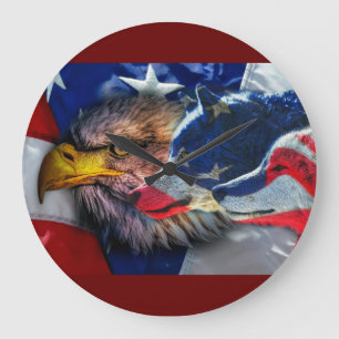 Bald Eagle Wolf American Flag Große Wanduhr
