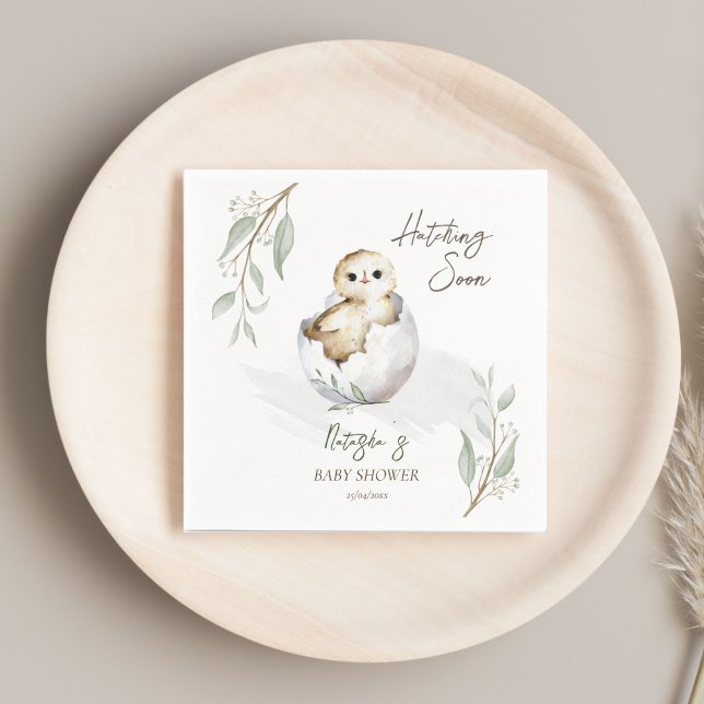 Bald kleine Vogelfederdusche Serviette (Hatching soon little bird spring baby shower template napkins personalized tableware baby owl in egg)