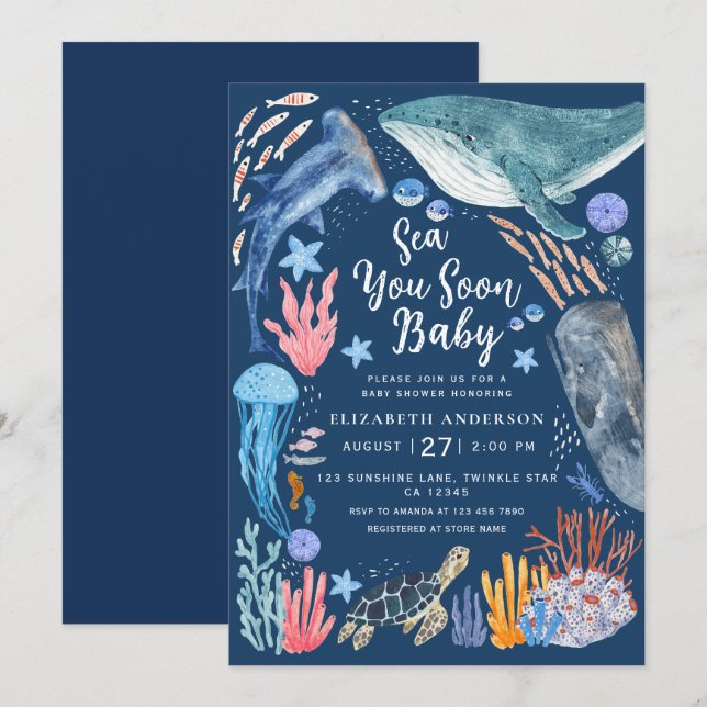 Bald sehen Sie Ozean-Tiere Junge Baby Shower-Einla Einladung (Vorne/Hinten)