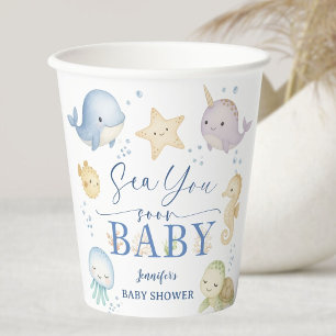 Bald sehen wir uns Baby Shower Junge Ozean Pappbecher
