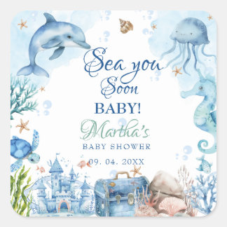 Bald sehen wir uns wieder Muschel-Baby-Party Quadratischer Aufkleber