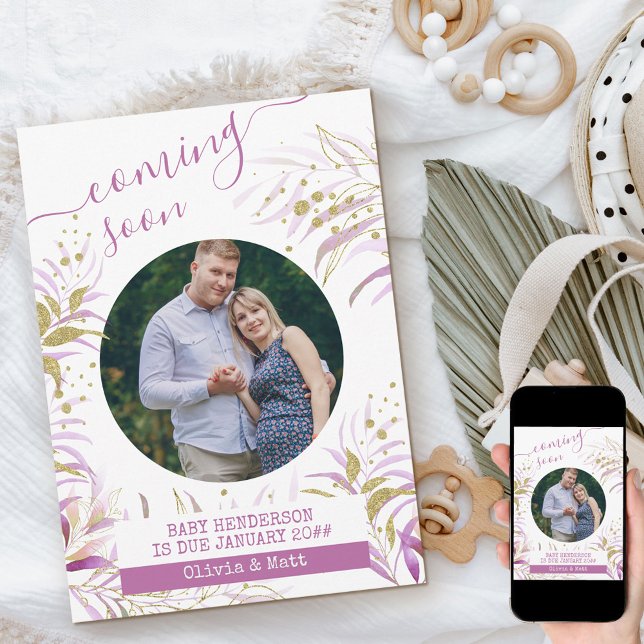 Baldes Foto der Mutterschaft Elegant Rosa Foliage Ankündigung (Von Creator hochgeladen)