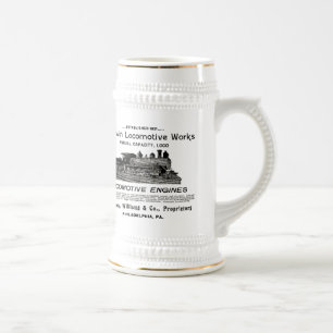 Baldwin Lokomotive bearbeitet Bier 1895 Stein Bierglas
