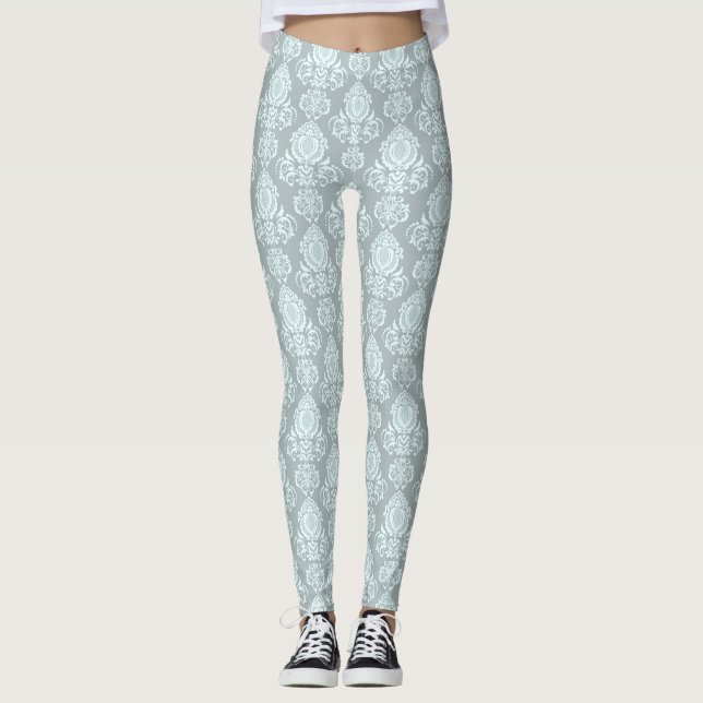 Bale Aqua Mini Blue Damask Filigrel Scroll Flora Leggings (Vorderseite)