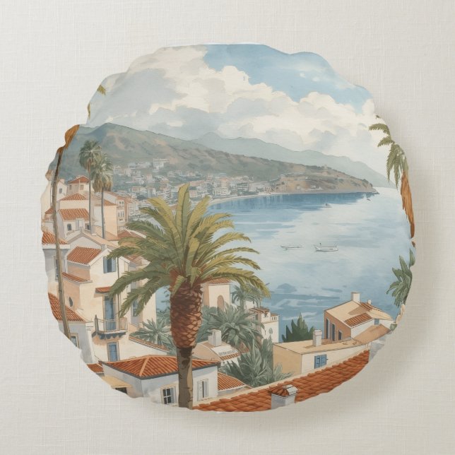 Balearic Islands Vintage French Travel Rundes Kissen (Vorderseite)