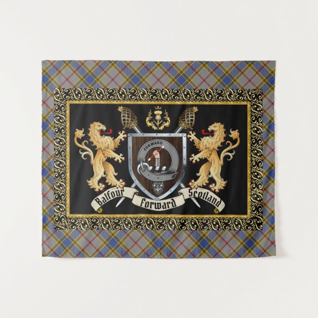 Balfour Clan Abzeichen & Motto mit Löwen Wandteppich (Vorderseite (Horizontal))