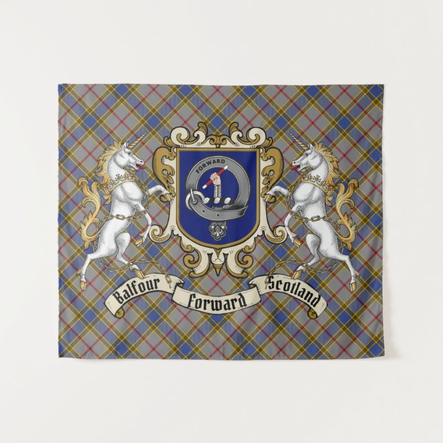 Balfour Clan Abzeichen & Unicorns w/Tartan Wandteppich (Vorderseite (Horizontal))