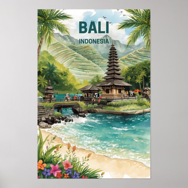 Bali Indonesien Aquarell Reise Tropisch Poster (Vorne)