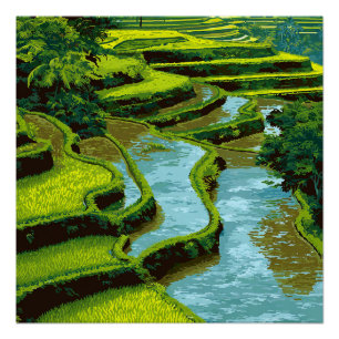 Bali Indonesien Grüne Reisterrassen Vintage Reise Poster