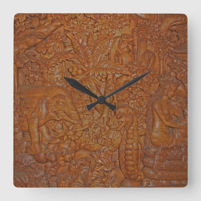 Bali Wood Carving Quadratische Wanduhr (Vorderseite)