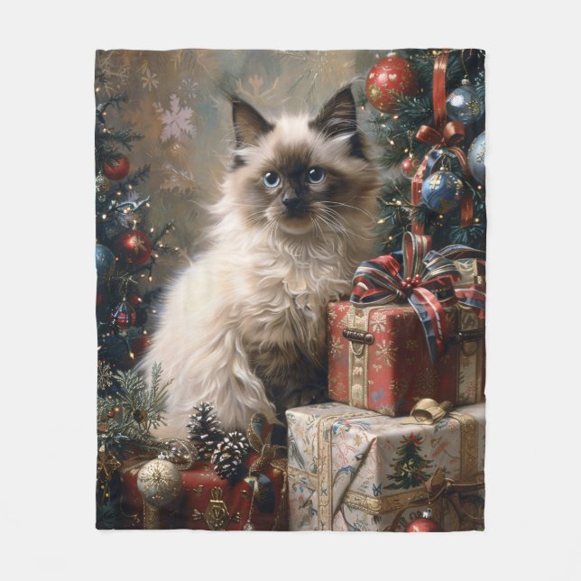 Balinese Kitten Christmas Cat Portrait Art Fleecedecke (Vorderseite)