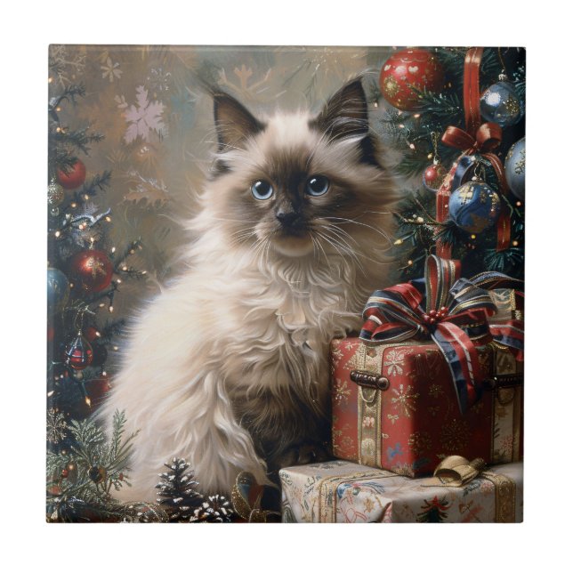 Balinese Kitten Christmas Cat Portrait Art Fliese (Vorderseite)