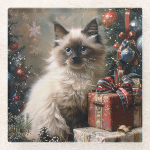 Balinese Kitten Christmas Cat Portrait Art Glasuntersetzer