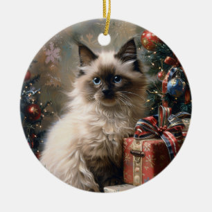 Balinese Kitten Christmas Cat Portrait Art Keramik Ornament