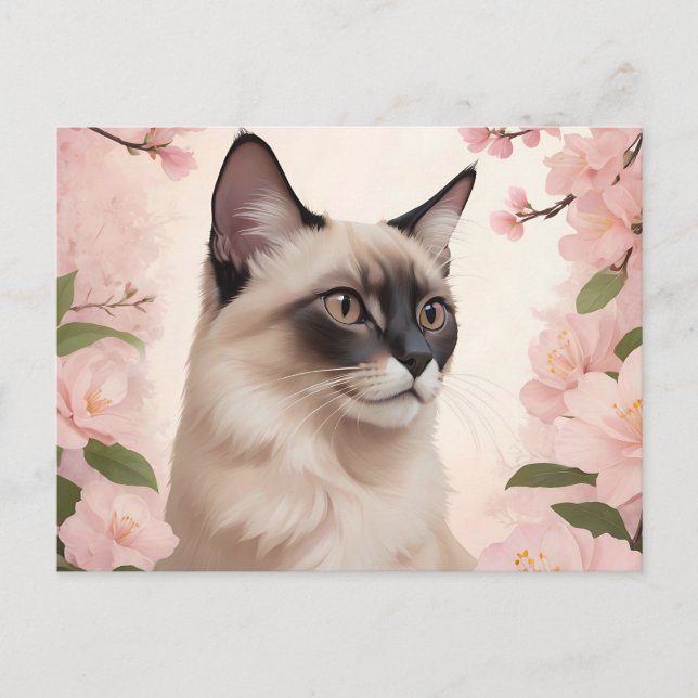 Balinesisches Katzenportrait mit blühenden Blume Postkarte (Vorderseite)