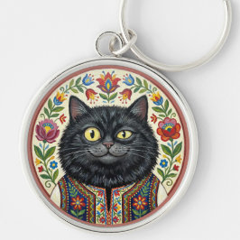 Balkan Folk Art Black Cat Schlüsselanhänger