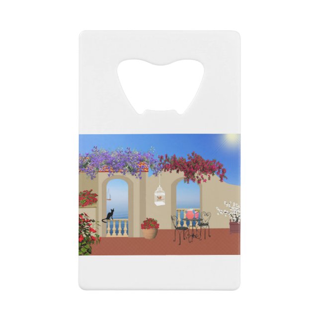 Balkon Außenbereich Blume Tisch Ruhe Meer. Geldbeutel Flaschenöffner (Vorderseite)