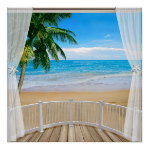 Balkon mit einem Strand-Meerblick Poster