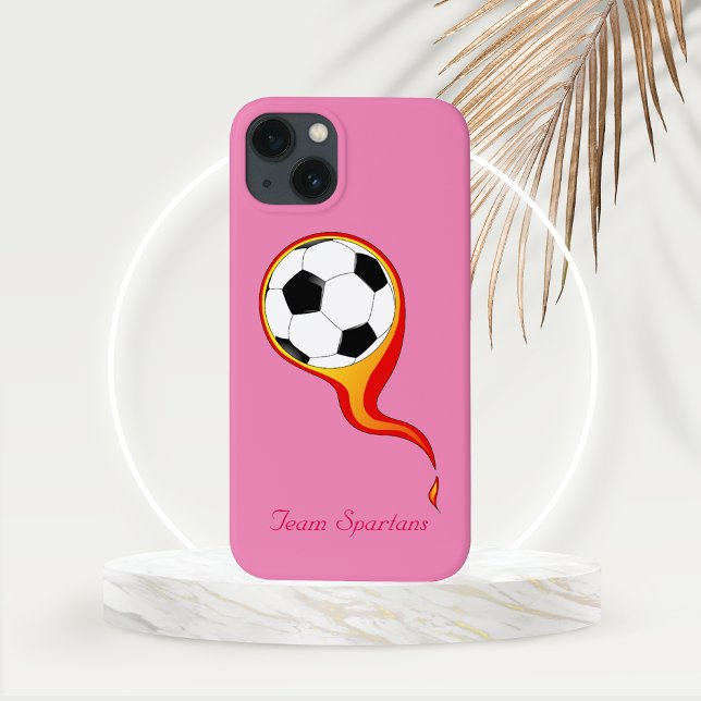 Ball flammen auf Rose Rosa Personalisiert Case-Mate iPhone Hülle (Flaming Football or Soccer Ball with Personalization Line Phone Case)