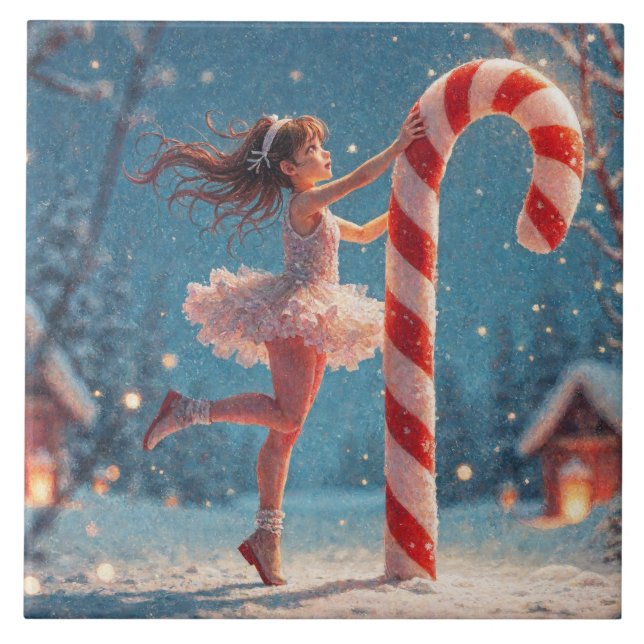 Ballerina Anime Girl & Candy Cane Weihnachten Fliese (Vorderseite)