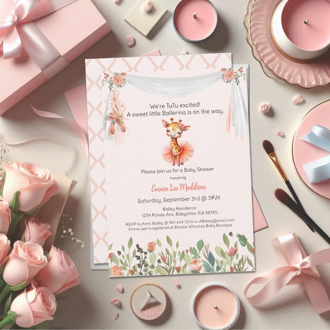 Ballerina Baby Girl Dusche Tutu Elegante Giraffe Einladung (Von Creator hochgeladen)