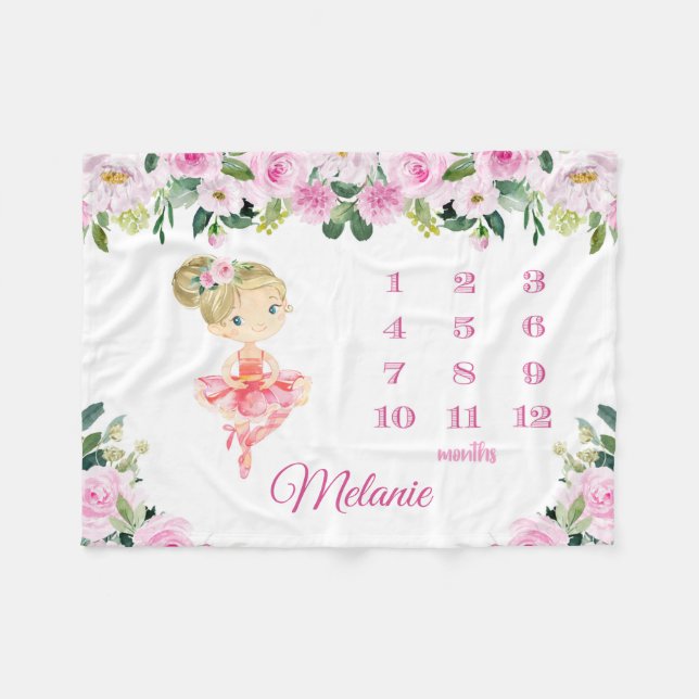 Ballerina Baby Monthly Milestone Tracker Rosa  Fleecedecke (Vorderseite (Horizontal))