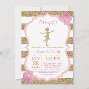 Ballerina-Baby-Party Rosa und Gold Glitter Einladung
