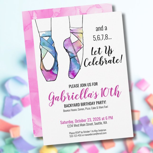 Ballerina Ballet Geburtstagsparty Einladung (Ballerina Watercolor Ballet Girls 10th Birthday Invitation)
