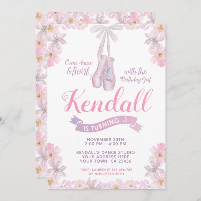 Ballerina Birthday Einladung, Ballett-Party Einladung (Vorne/Hinten)