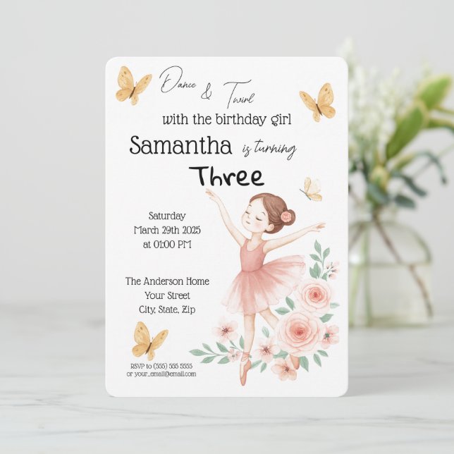 Ballerina Birthday Einladung - Rosa Ballett Party (Stehend Vorderseite)