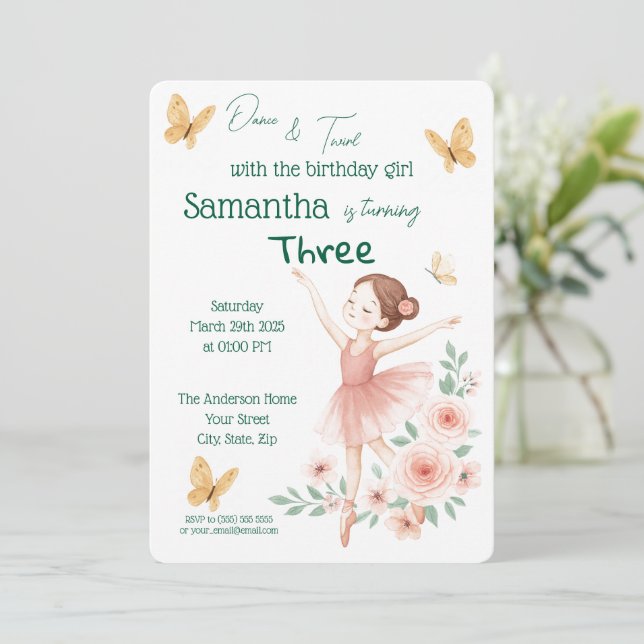 Ballerina Birthday Einladung - Rosa Ballett Party (Stehend Vorderseite)