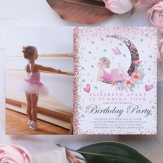 Ballerina Birthday Moon Pastel Pink Glitzer Foto Einladung (Von Creator hochgeladen)