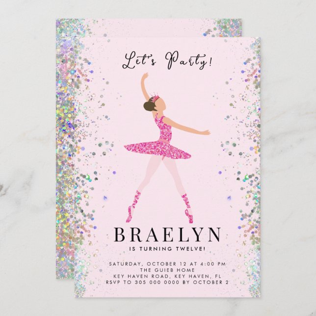 Ballerina Birthday Party Rosa Glitzer Design Einladung (Vorne/Hinten)