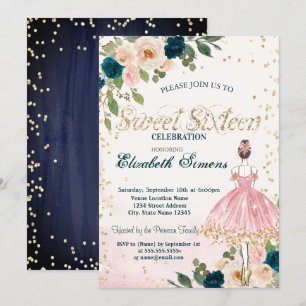 Ballerina Blumen Diamanten Marineblau Sweet 16 Einladung