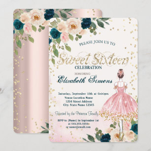 Ballerina Blumen Diamanten Roségold Sweet 16 Einladung