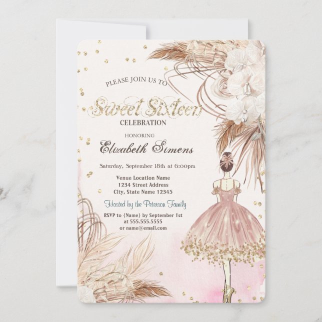 Ballerina Boho Blume Rose Gold Sweet 16 Einladung (Vorderseite)