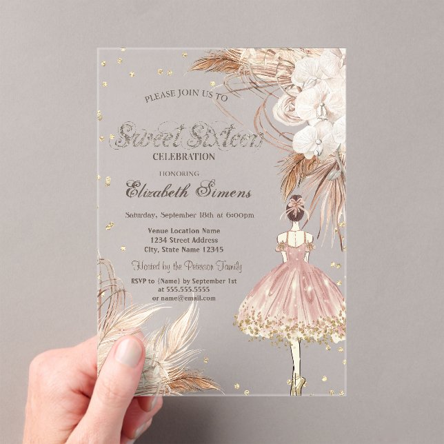 Ballerina Boho Flowers Rose Gold Sweet 16  Acryleinladungen (Insitu (Handheld))