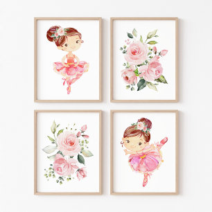 Ballerina, Braune Haare, rosa Blume, Girl-Kinderzi Bilderwand Sets