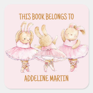 Ballerina Bunnies Dance Pink Child's Buchzeichen Quadratischer Aufkleber