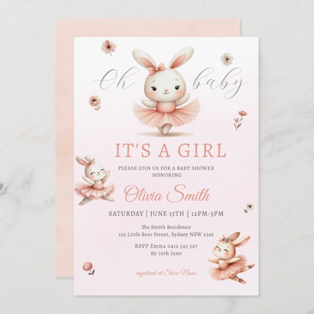 Ballerina Bunnies Oh Baby Bunny Girl Babydusche Einladung (Vorne/Hinten)