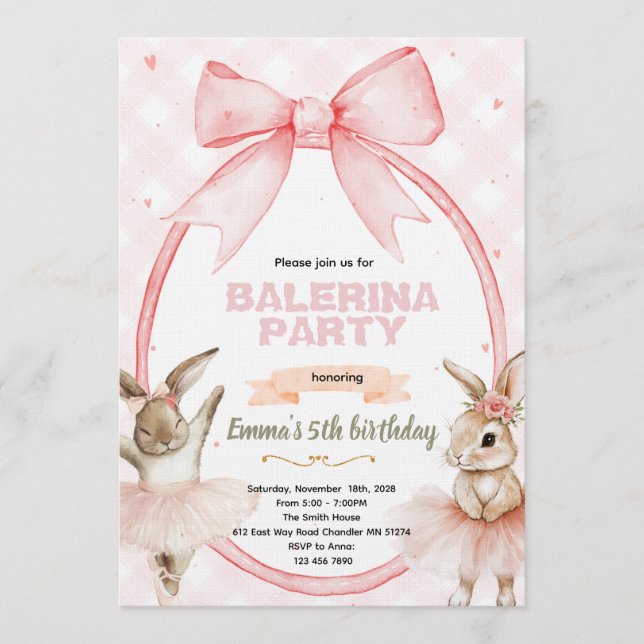 Ballerina Bunny Birthday Invitation Einladung (Vorderseite)