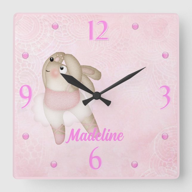 Ballerina Bunny Kinderzimmer Wall Clock Quadratische Wanduhr (Vorderseite)